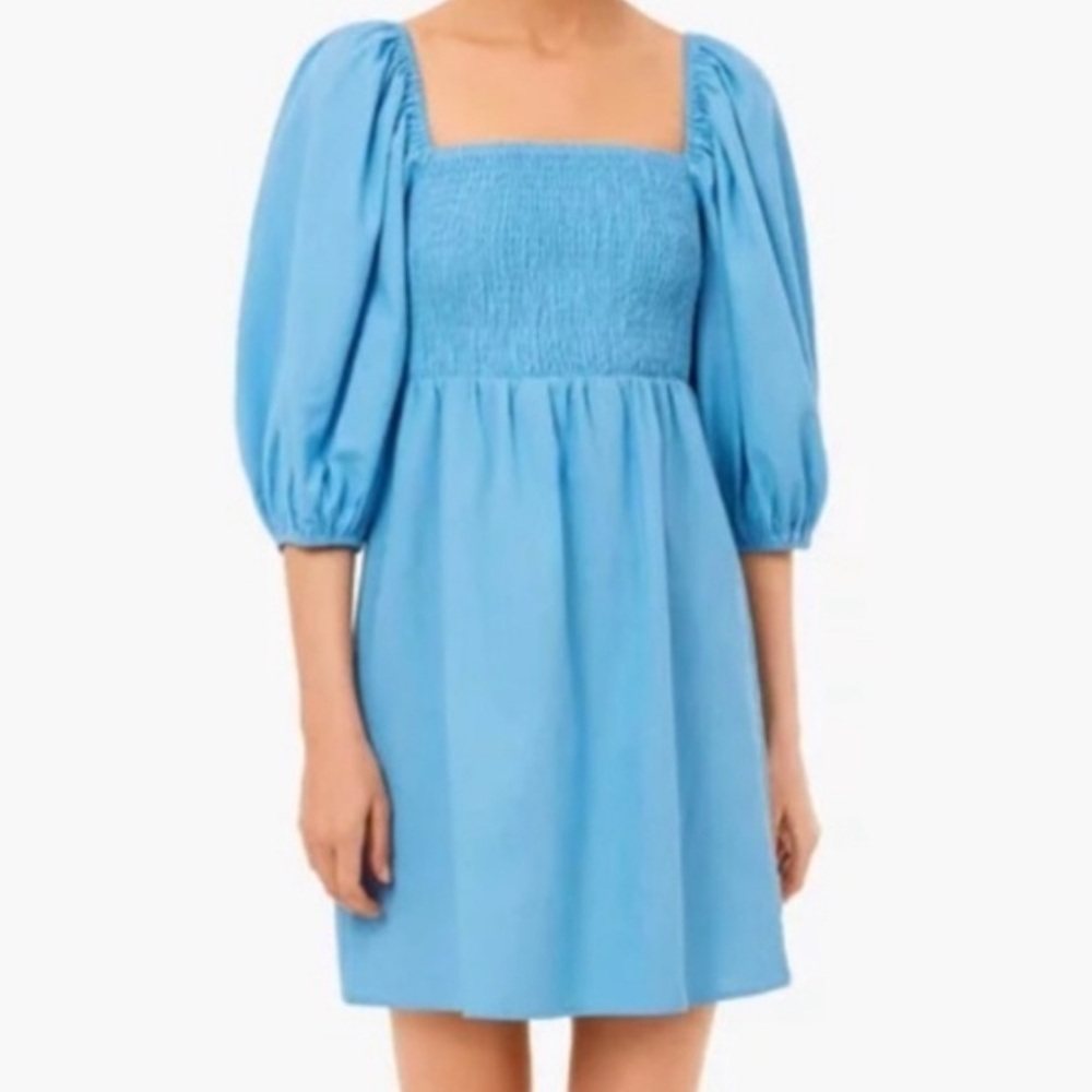 Tuckernuck Annie Smocked Mini Dress light blue linen blend M